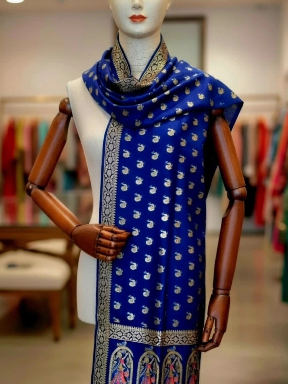 Navy blue and Gold Banarasi silk dupatta (scarf) with a detailed border